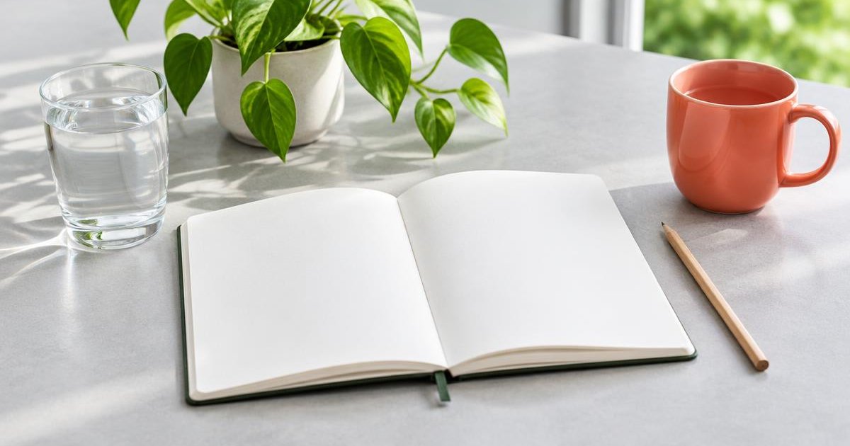 Offenes Notizbuch mit Stift, Wasserglas und grüner Pflanze auf einem hellen Tisch.