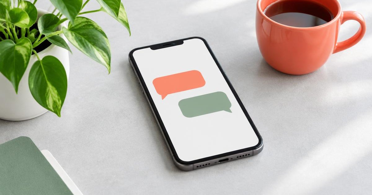 Smartphone mit zwei symbolischen Sprechblasen neben einer Tasse und einer grünen Pflanze.